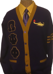 Omega Psi Phi Purple and Gold Cardigan with Lamp and Greek Letters