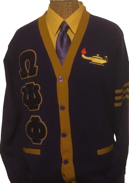 Omega Psi Phi Purple and Gold Cardigan with Lamp and Greek Letters